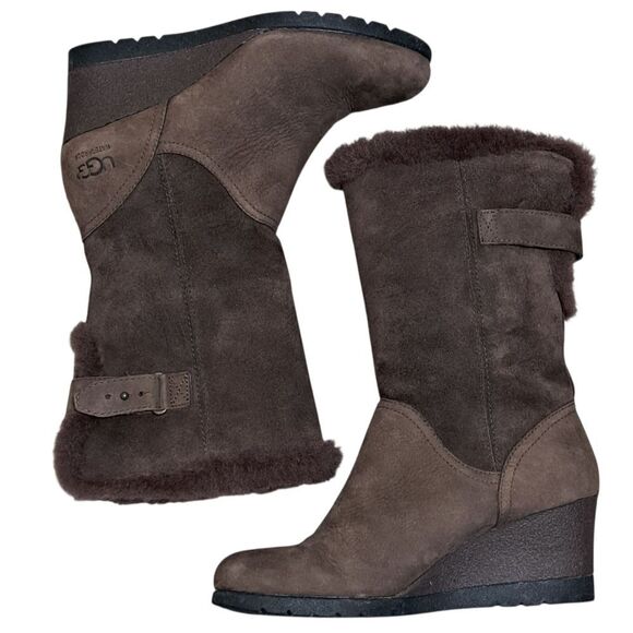 UGG Waterproof Edelina Grizzly Womens Chic Wedge Boots Wool Lining Size 6  Brown - Picture 1 of 17